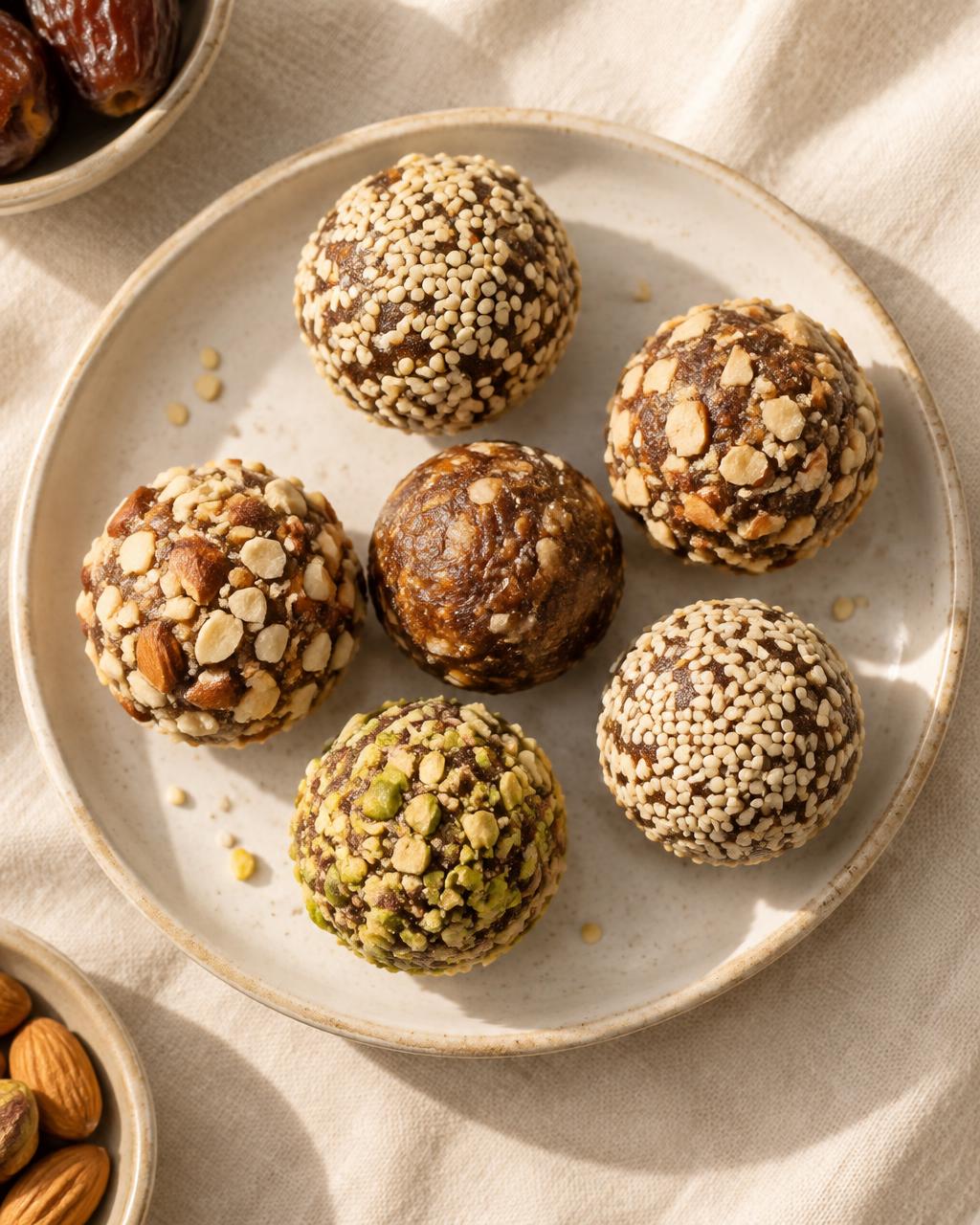 Six homemade nuts, seeds and date balls on a light ceramic plate